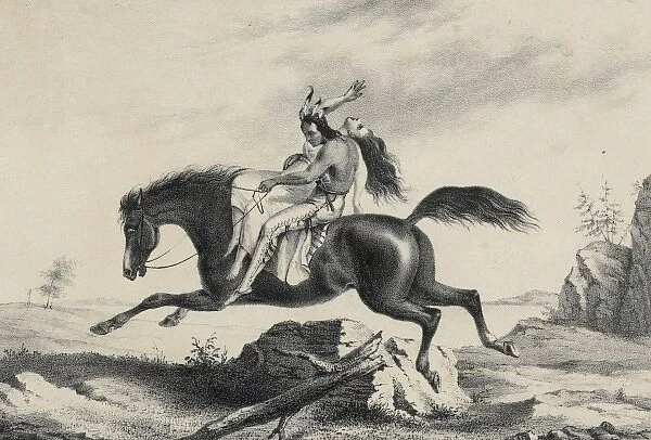 Print speciman of American Indian man on horseback with stru