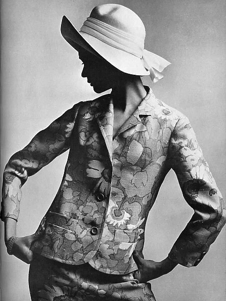 Printed floral linen suit by Tiktiner of France, 1965