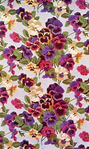 Printed linen design depicting brightly coloured pansies