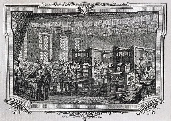 Printing works in 15th c Engraving of 1849