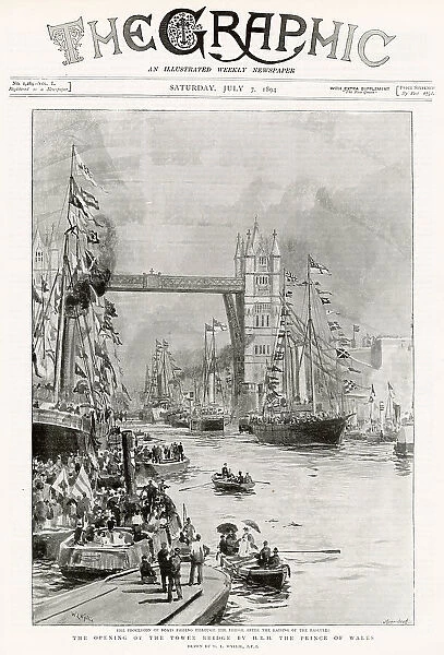 Procession of boats on the River Thames. Passing through the bridge after the raising of the bascules, opened by Prince and Princess of Wales (later Edward VII and Alexandra of Denmark), on behalf of Queen Victoria. Date: 30th June 1894