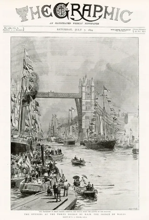 Framed Print : Procession of boats on the River Thames. Passing through the bridge after the raising of the bascules, opened by Prince and Princess of Wales (later Edward VII and Alexandra of Denmark), on behalf of Queen Victoria. Date: 30th June 1894 Framed Print : Procession of boats on the River Thames. Passing through the bridge after the raising of the bascules, opened by Prince and Princess of Wales (later Edward VII and Alexandra of Denmark), on behalf of Queen Victoria. Date: 30th June 1894