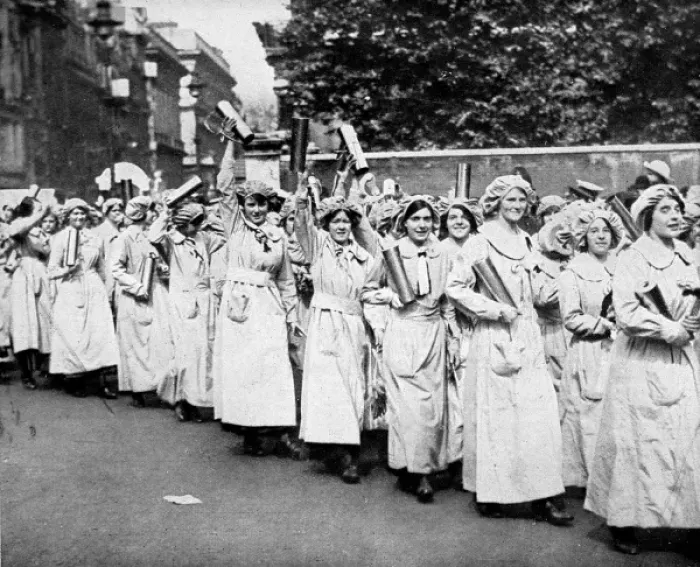 Framed Print : Procession of cheering women war-workers Framed Print : Procession of cheering women war-workers