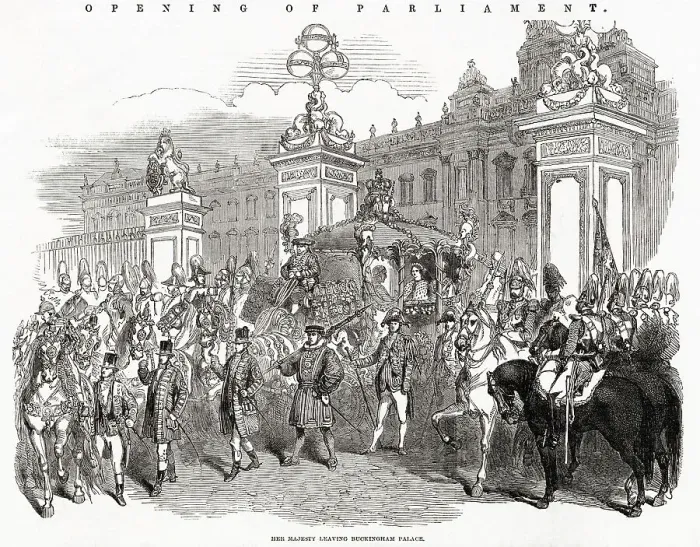 Framed Print : Procession of guards, footmen and carriage carrying Queen Victoria to the State Opening of Parliament, leaving Buckingham Palace. Date: 1851 Framed Print : Procession of guards, footmen and carriage carrying Queen Victoria to the State Opening of Parliament, leaving Buckingham Palace. Date: 1851