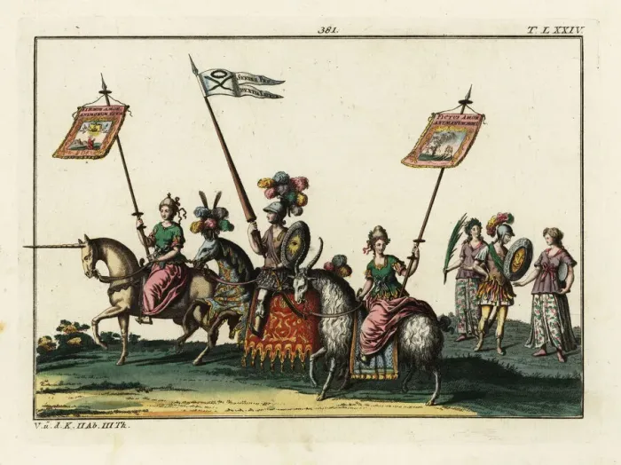 Framed Print : Procession of riders on unicorn, goat and horse Framed Print : Procession of riders on unicorn, goat and horse