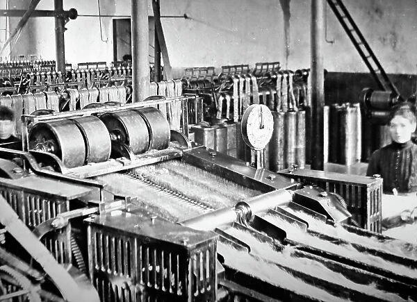 Production of linen, a spreader machine, Victorian period