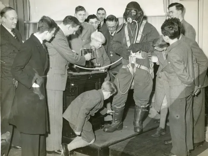 Framed Print : Professor G. T. R. Hill demonstrating a Sidcup flying suit? Framed Print : Professor G. T. R. Hill demonstrating a Sidcup flying suit?