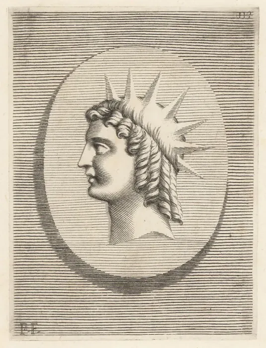 Framed Print : Profile bust of a figure with hair in ringlets and sunbeams