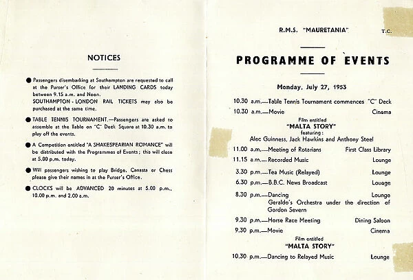 Programme of Events on board RMS Mauretania