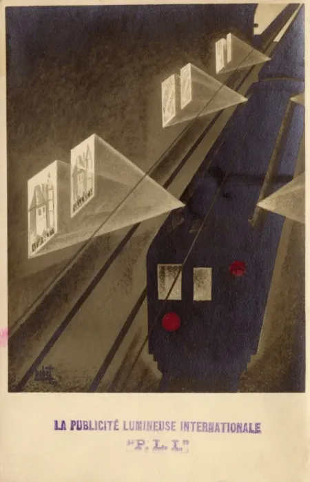 Framed Print : Projecting advertisements from a moving train Framed Print : Projecting advertisements from a moving train
