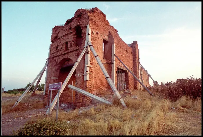 Framed Print : Proped up building, Belchite, Spain Framed Print : Proped up building, Belchite, Spain