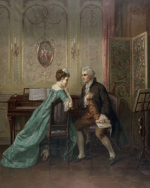Proposal. Man proposing to woman seated at keyboard instrument. Date c1873