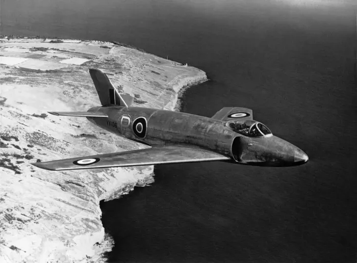 Framed Print : Prototype Supermarine 510 Flying over St Catherines Lig? Framed Print : Prototype Supermarine 510 Flying over St Catherines Lig?