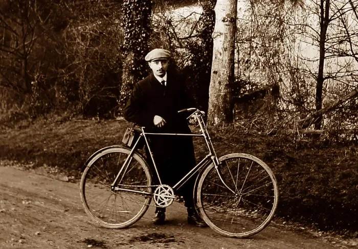 Framed Print : Proud cyclist with his bicycle, early 1900s Framed Print : Proud cyclist with his bicycle, early 1900s