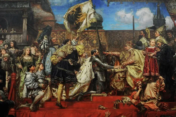 Framed Print : The Prussian Homage, 1882, by Jan Matejko (1838-1893) Framed Print : The Prussian Homage, 1882, by Jan Matejko (1838-1893)