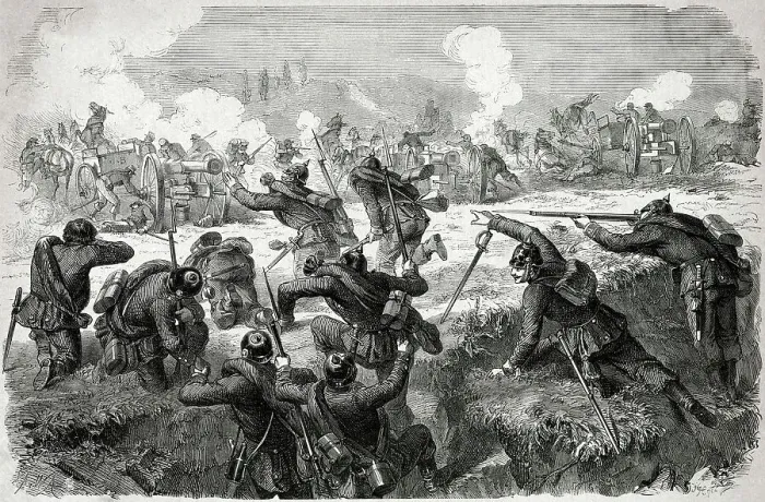 Framed Print : Prussian soldiers charge towards French artillery during their victory at Sedan, the decisive battle of the Franco-Prussian War Date: 1 September 1870 Framed Print : Prussian soldiers charge towards French artillery during their victory at Sedan, the decisive battle of the Franco-Prussian War Date: 1 September 1870