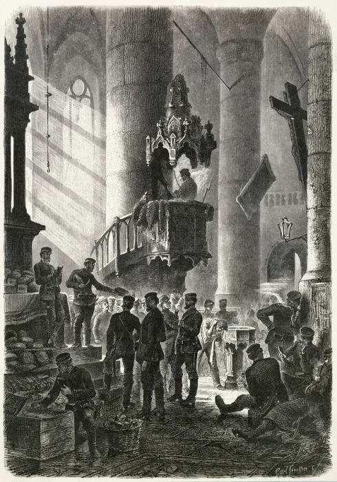 Framed Print : The Prussians settle themselves in Saint-Severin church, using the font as a wash-basin Framed Print : The Prussians settle themselves in Saint-Severin church, using the font as a wash-basin