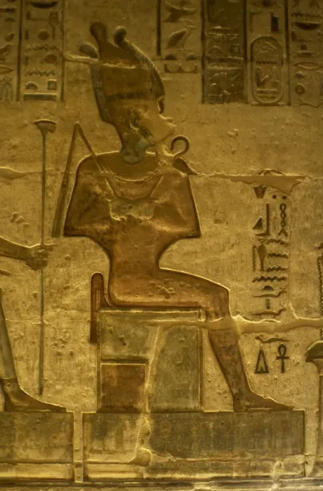 Framed Print : Ptolemaic temple of Hathor and Maat. God Osiris. Seated figu Framed Print : Ptolemaic temple of Hathor and Maat. God Osiris. Seated figu