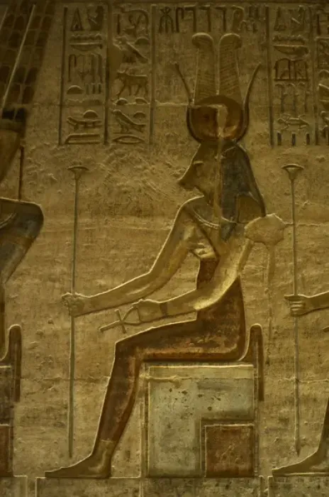 Framed Print : Ptolemaic temple of Hathor and Maat. Hathor. Seated figure Framed Print : Ptolemaic temple of Hathor and Maat. Hathor. Seated figure