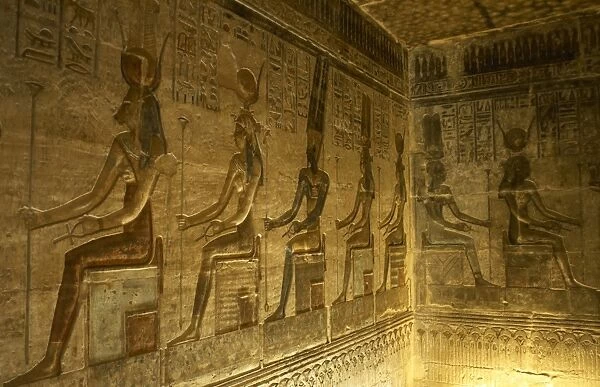 Ptolemaic temple of Hathor and Maat. Seated gods. Egypt
