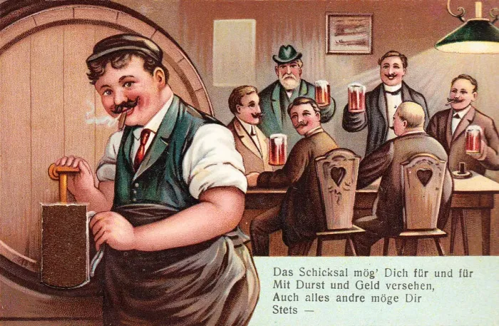 Framed Print : Pub scene with barrel on a comic German greetings card Framed Print : Pub scene with barrel on a comic German greetings card