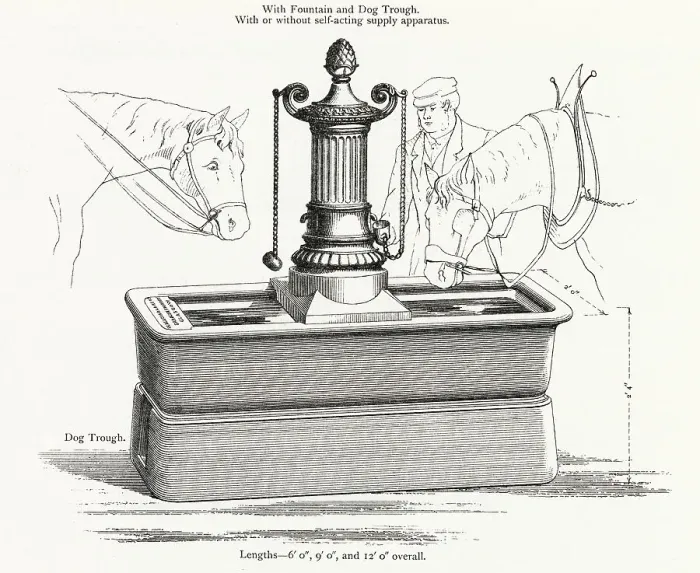 Framed Print : Public cast iron water trough for horses, dogs and driver. Date: 1906 Framed Print : Public cast iron water trough for horses, dogs and driver. Date: 1906