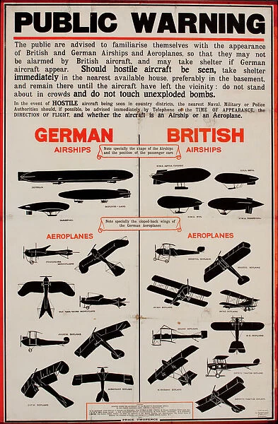 Public warning, German and British aircraft, WW1