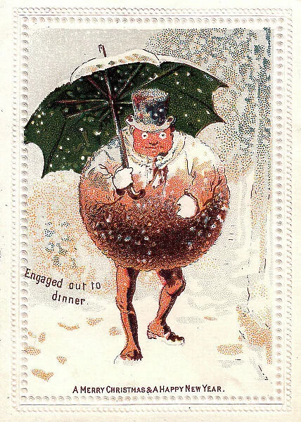 Pudding-shaped man in the snow on a Christmas card