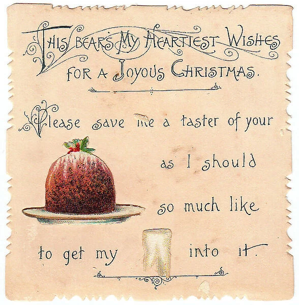Pudding and tooth with comic verse on a Christmas card