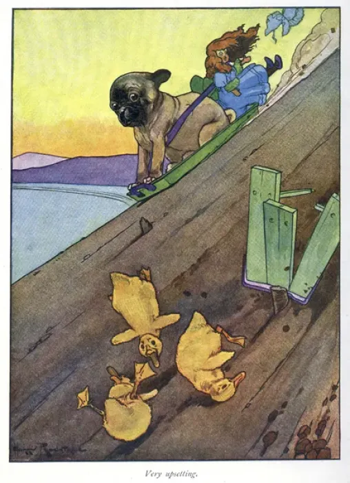 Framed Print : Pug Peter -- dog and ducklings on steep slope Framed Print : Pug Peter -- dog and ducklings on steep slope