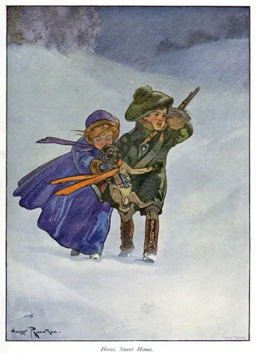 Framed Print : Pug Peter -- girl and boy with dog in snow Framed Print : Pug Peter -- girl and boy with dog in snow