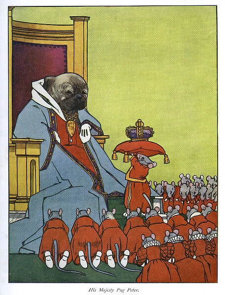 Pug Peter -- seated on throne with mouse subjects