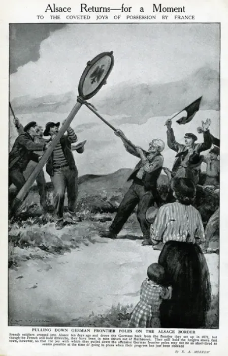 Framed Print : Pulling down German frontier pole at Alsace, WW1 Framed Print : Pulling down German frontier pole at Alsace, WW1