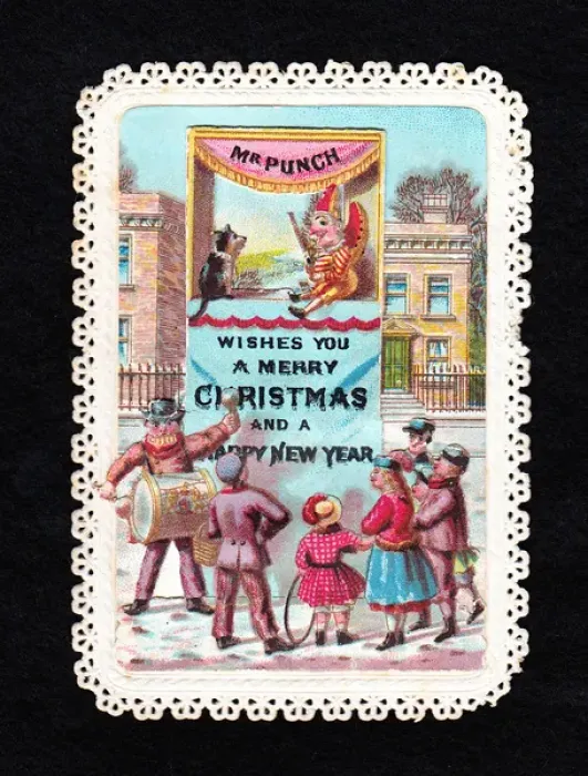 Framed Print : Punch and Judy show on a Christmas and New Year card Framed Print : Punch and Judy show on a Christmas and New Year card