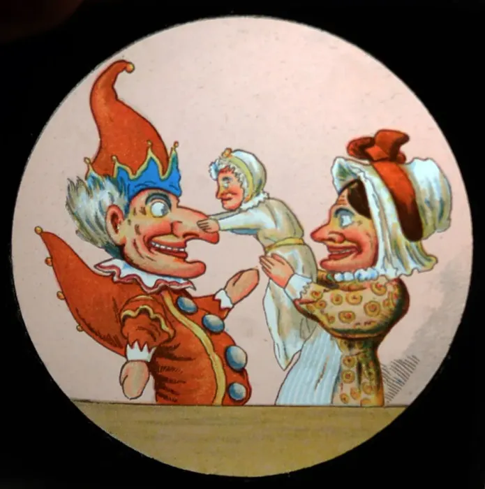 Framed Print : Punch and Judy magic lantern slide - Victorian period Framed Print : Punch and Judy magic lantern slide - Victorian period