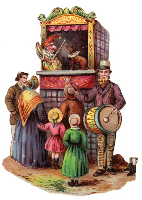 Framed Print : Punch and Judy show on a Victorian scrap Framed Print : Punch and Judy show on a Victorian scrap