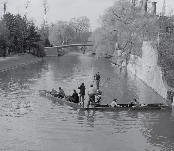 Punters. Punts on colision course River Cam Cambridge England Date: circa 1960