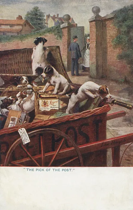 Framed Print : Puppies attaching the post - Ridways Tea Advertisement Framed Print : Puppies attaching the post - Ridways Tea Advertisement
