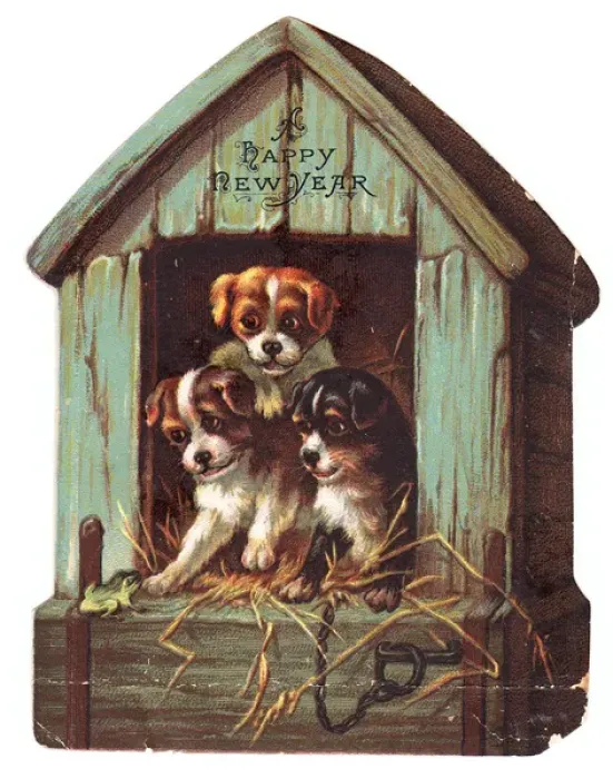 Framed Print : Three puppies on a kennel-shaped New Year card Framed Print : Three puppies on a kennel-shaped New Year card