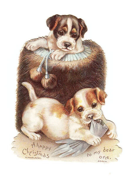 Two puppies with muff and glove on a cutout Christmas card