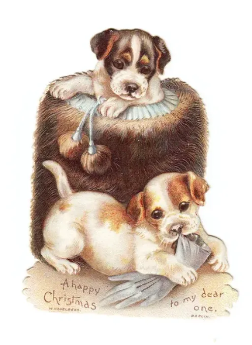 Framed Print : Two puppies with muff and glove on a cutout Christmas card Framed Print : Two puppies with muff and glove on a cutout Christmas card