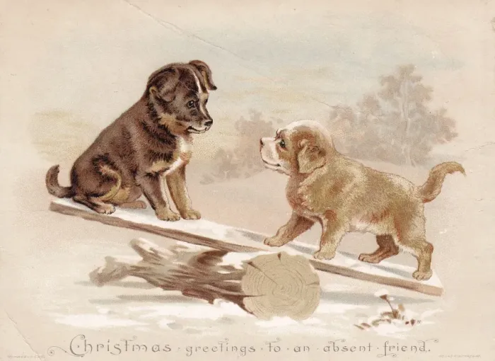 Framed Print : Two puppies on a seesaw on a Christmas card Framed Print : Two puppies on a seesaw on a Christmas card