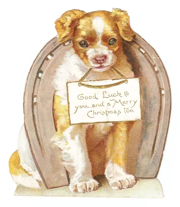 Framed Print : Puppy with horseshoe on a Christmas card Framed Print : Puppy with horseshoe on a Christmas card