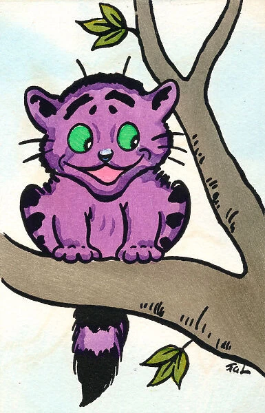 Purple cat in a tree on a postcard