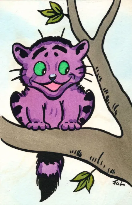 Framed Print : Purple cat in a tree on a postcard Framed Print : Purple cat in a tree on a postcard