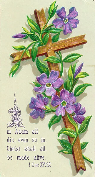 Purple flowers and a cross on an Easter card