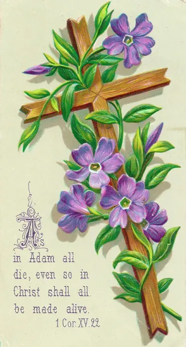 Framed Print : Purple flowers and a cross on an Easter card Framed Print : Purple flowers and a cross on an Easter card