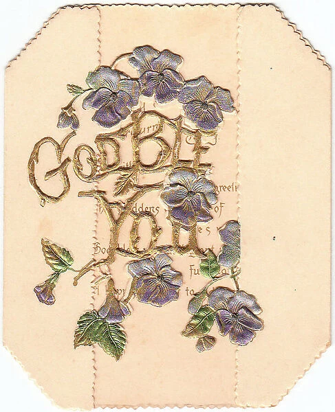 Purple flowers and gold lettering on a greetings card