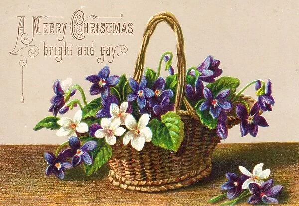 Purple and white flowers in a basket on a Christmas card