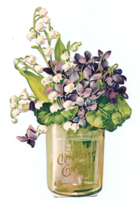 Framed Print : Purple and white flowers in a jar on a cutout Christmas card Framed Print : Purple and white flowers in a jar on a cutout Christmas card